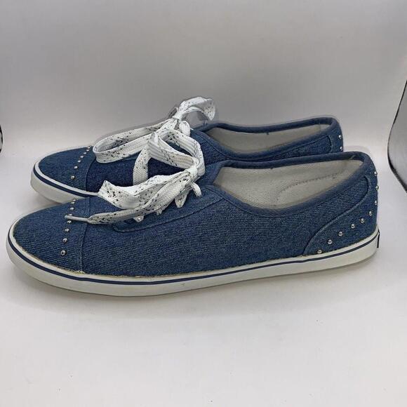 Sebastino Womens Low Top Denim Sneaker Flat Shoes Blue Silver Metal Lace Up Sz 8 - Picture 2 of 8